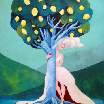 percezioni-quadro_surrealista_simbolismo-donna-sposa-acqua-natura-albero-limoni-sicilia-pesci_rossi-radici-testa_sulle_nuvole