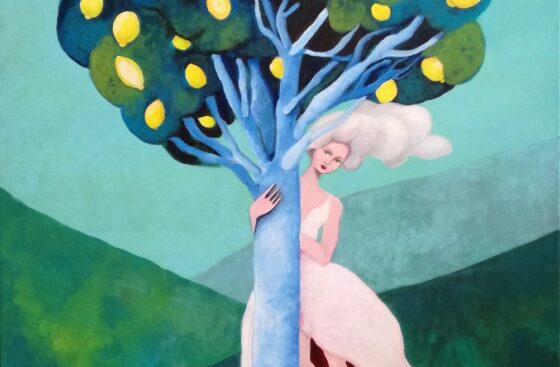 percezioni-quadro_surrealista_simbolismo-donna-sposa-acqua-natura-albero-limoni-sicilia-pesci_rossi-radici-testa_sulle_nuvole