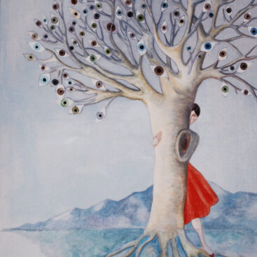 quadro-surrealista-simbosi-donna-albero,radici,pesci-rossi,nascondersi-percepire-emozioni-timidezza-malinconia-natura