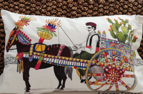 hand-painted_cushion-single-piece_homedecor_multicolor-sicilian-folklore-sicily's_traditions-barded_horse-colorful_tassels-prickly pears-painted_wheel-cart-baroque-village_fest-colors-artistic-souvenir_of_sicily-gift_for_sicily_lovers