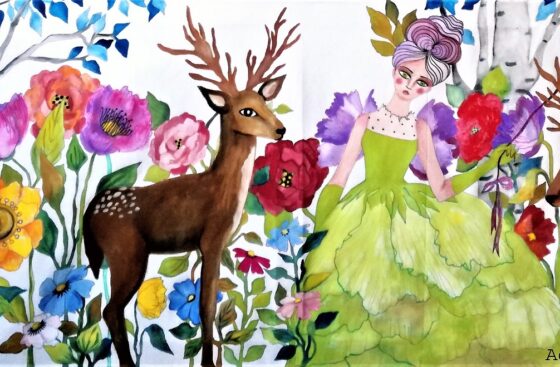 painting_on_cotton-fairy tale-spring-fairy-forest-magical_atmosphere-deer-forest_enchanted-flowers_giants-lucyintheskywithdiamonds