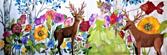 painting_on_cotton-fairy tale-spring-fairy-forest-magical_atmosphere-deer-forest_enchanted-flowers_giants-lucyintheskywithdiamonds