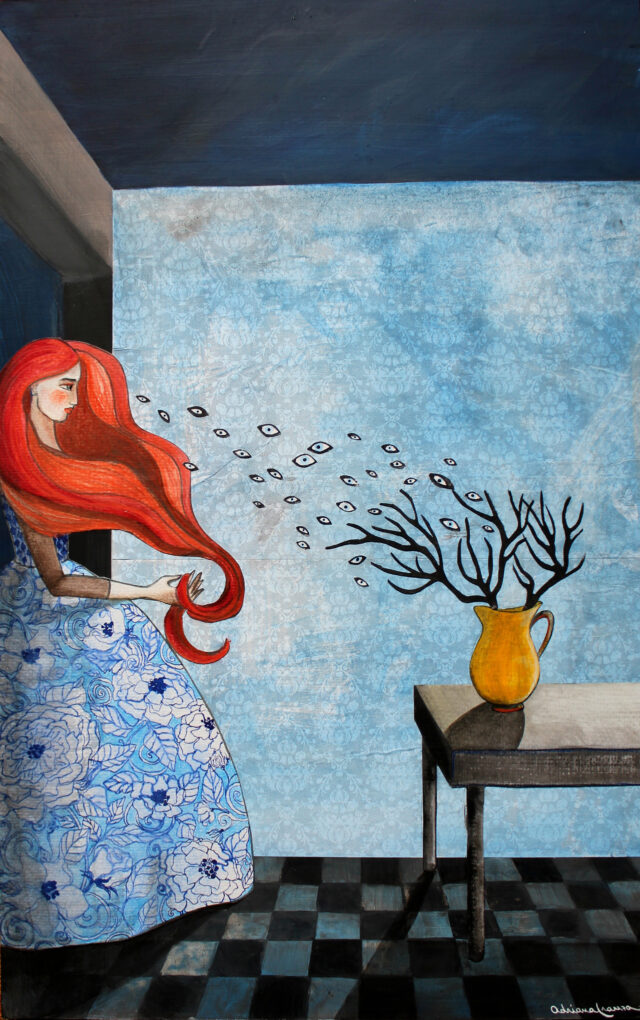 surrealist-painting-woman-hair-red-eyes-wind-interior-romantic-wallpaper-vintage-blue