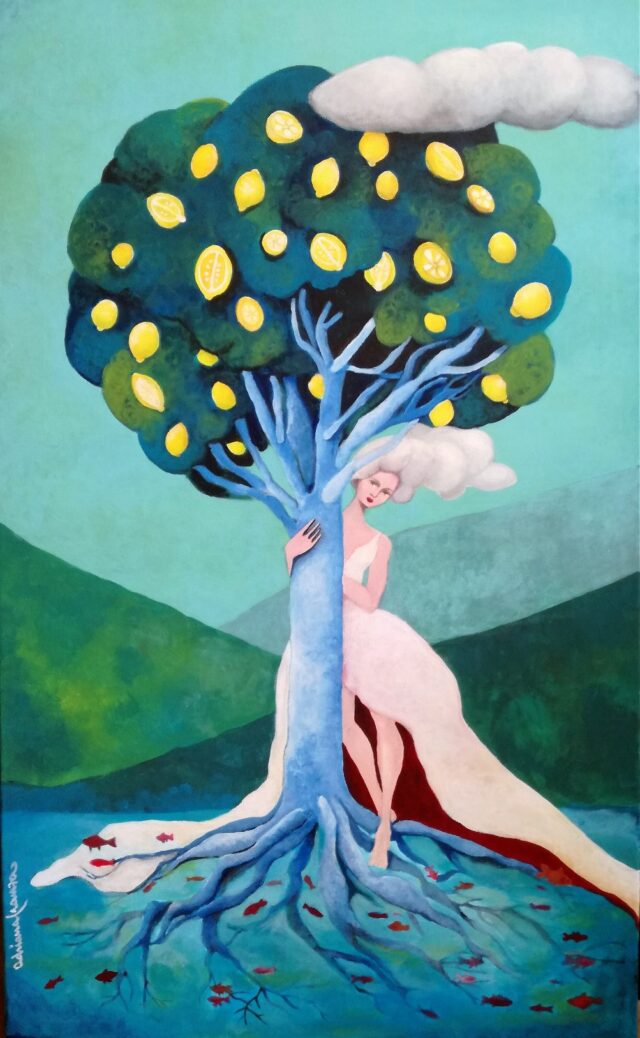 perceptions-surrealist_painting-symbolism-woman-bride-water-nature-lemon_tree-sicily-goldfish-roots-head_on_clouds
