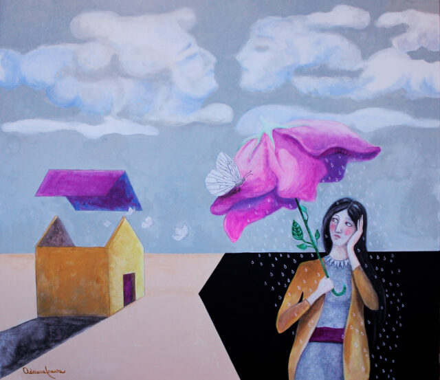 surrealist-painting-rain-clouds-roofless-house-umbrella-woman-melancholy-anthropomorphic-clouds-impossible-kiss-painting