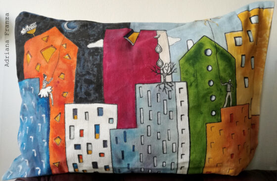 original_whimsical_cushion-day_night-male_female-dark_light-sun_moon-colorful_ houses-skyscrapers_ vivid-colors-pillow_unique-gift_home_decor-hand_painted_pillow-one_of_a_kind