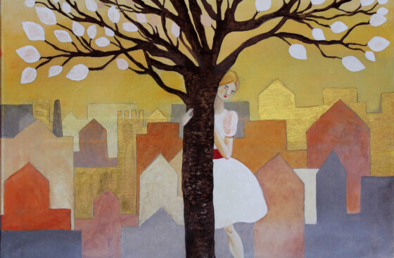 fairy-tale-dreamy-symbolic-symbiosis-woman-and-painted-tree-warm colors-ocher-yellow-autumn-urban-landscape-red-shoe-goldfish