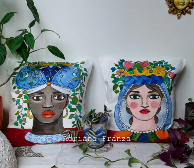 original_cushions_head_vases-sicilian-folklore_sicilian_heads_ of ceramic-flower_holders_sicily_arabian_traditions_sicilian_moorish_heads_turkish_heads-ancient_legends_lovers_of_palermo-artistic_souvenirs_sicilian-cushions_hand_painted-homedecor_design_white_and_blue-unique-gift
