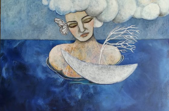 the-island, blue-painting,sea,clouds-woman-portrait