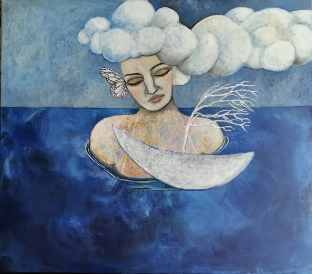 the-island, blue-painting,sea,clouds-woman-portrait